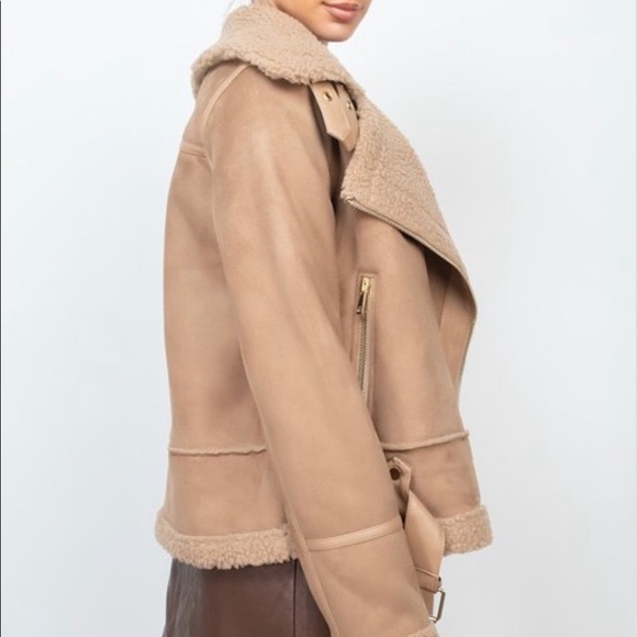 TAUPE BROWN FAUX FUR SUEDE MOTO JACKET BIKER COAT - Picture 5 of 14